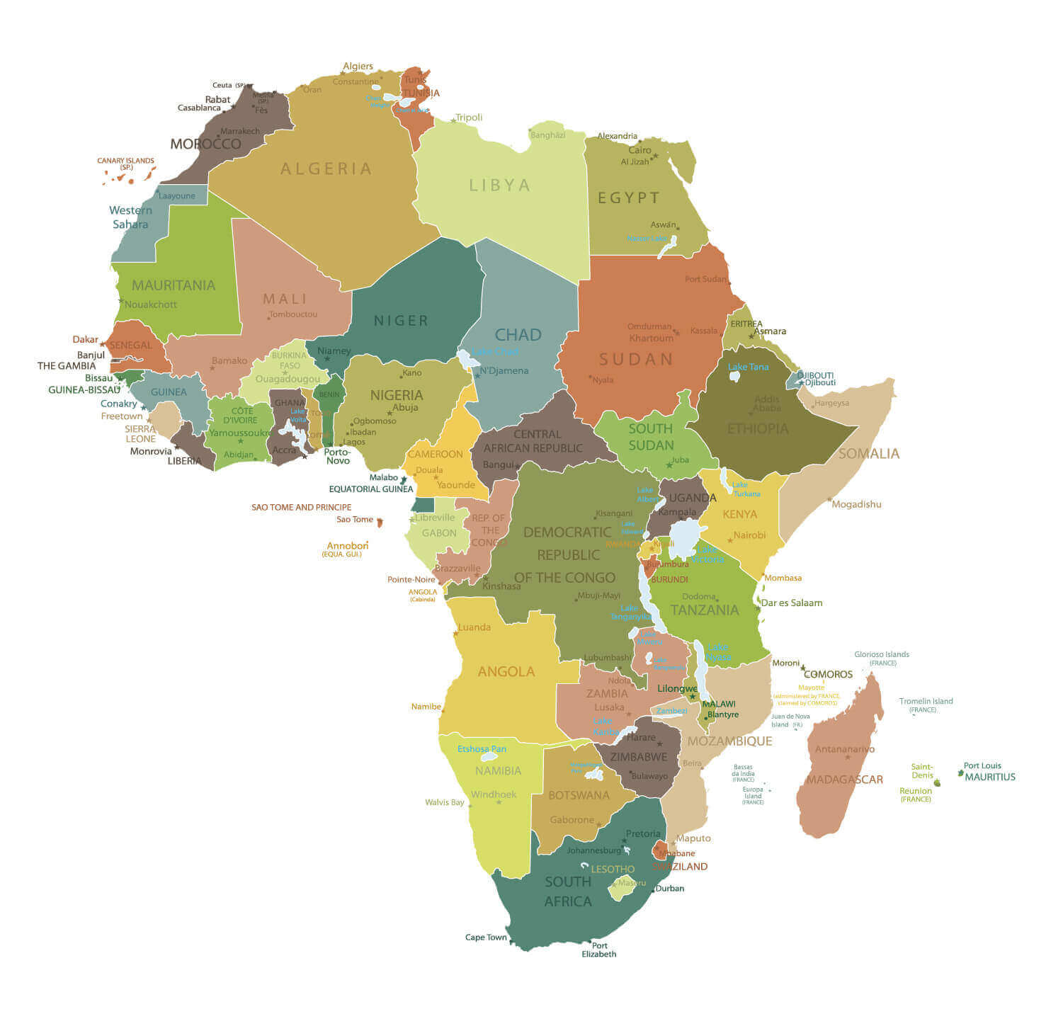 Map of African Countries with International Borders and Major Cities